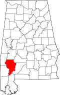 Map of Alabama highlighting Clarke County