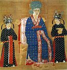 A square painting of a woman in a intricately decorated blue dress and a large blue hat, sitting in a throne. She is flanked by two female attendants in black dresses with flower covered black hats.