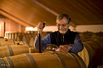 Paul Draper thieving wine from a barrel at Ridge Monte Bello