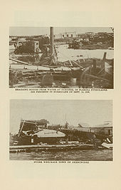 Two black and white images of Okeechobee, Florida immediately following the 1928 hurricane; both pictures show the town in ruins