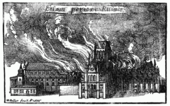 An engraving showing huge flames leaping from the roof of the cathedral.