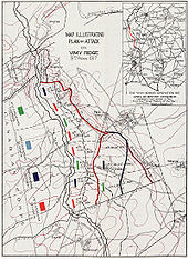 Diagram of the battle illustrating the positions for each of the Canadian Corps division and brigades. The map shows the westerly direction of the attack, up an over the topography of the ridge.