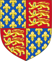 Coat of arms with three lions, gold on red, in two quarter, fleurs de lys, gold on blue, in two.