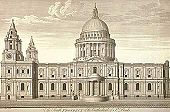 Christopher Wren's drawing of his new St Pauls. The building is quite fat, with two fussy pinacle towers at the west end. In the middle is a huge dome, which looks a bit like a breast on a wedding cake.