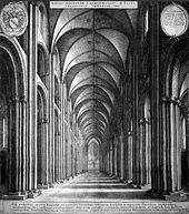 Engraving of the nave, a vast, long space with Norman arches stretching into the distance and a vaulted ceiling. The rose window is just visible in the distance.