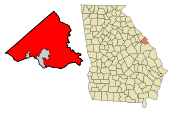Augusta-Richmond County (red) within Richmond County (left), and Richmond County within the U.S. state of Georgia (right)