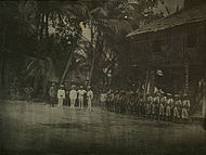 Soldiers on parade in front of a long house and palm trees.
