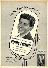 Photograph of a man smiling, superimposed on an illustration of a microphone and accompanied by advertising copy in the same format as the preceding image.