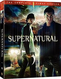 A DVD box set with the foreground of the cover portraying two men, one holding a bladed weapon and the other with a shotgun, and the background portraying an automobile and stormy sky.