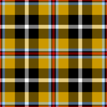 A square consisting of crossed lines of vivid colours. Yellow and black form thick, crossed lines producing large squares of colour, intersected by thinner lines of white, blue and red. The design is symmetrical and repeating.