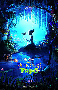 Cartoon image of a woman kneeling in the Louisiana bayou in a princess costume with a talking frog in her hand, as a voodoo priestess, a witchdoctor, and an alligator look on.