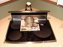 A pot of boiling water atop newspaper on an induction cooktop