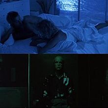 Two still images from the film. One is a married couple lying in bed, the image heavily tinted blue. The other is a man sitting alone in a darkened room, with the image heavily tinted green