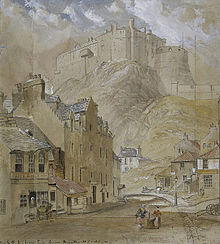 Painting of the castle with houses in the foreground