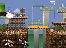 A scenery full of platforms, blocks and fences in the style of the Super Mario Bros. video game. On a platform, a boy wearing a baseball cap throws a bolt of lightning, and in another stand a round, pink creature wearing red shoes stands still.