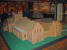 An abbey model seen from an elevated position from the southeast