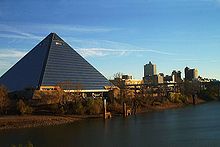 A view of the Pyramind Arena on the river
