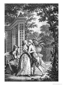 Black-and-white engraving of a kiss between a man and woman standing in a garden with a pavilion in the background. Trees frame the scene and there is a woman watching the couple from a chair. There is an urn with a fern in it in the background.