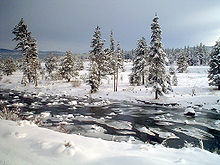 Narrow river partially covered in ice.
