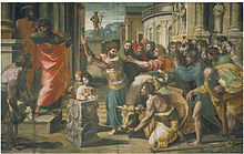 Renaissance painting depicting the sacrifice at Lystra. In an ancient Greek townscape, a cow is brought before a small altar, and held by a kneeling man with her head down while another raises an axe to kill her. A group of people look with worshipful gestures towards two men who stand on the steps behind the altar.  One of the men turns aside and rends his clothes, while the other speaks to the people. A crutch lies abandoned in the foreground and a statue of Hermes is at the end of the square.