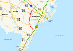 The southern part of New Jersey showing major roads. NJ 50 runs from the Garden State Parkway near the coast north to US 30.