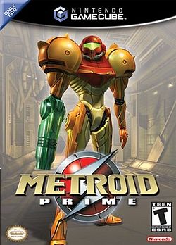 A person in a big, futuristic-looking powered suit with a helmet, a firearm on the right arm and large, bulky, and rounded shoulders, stands on a industrial-like corridor. Atop the image is the Nintendo GameCube logo, and the text "Only for" in the upper left corner. In the bottom of the image, the title "Metroid Prime" in front of an insignia with a stylized "S", the Official Nintendo Seal of Quality, Nintendo's logo, and ESRB's rating of "T".