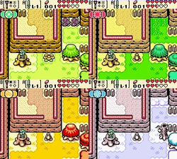 Four screenshots of the same area of the game in different seasons. Plants are light green in spring, dark green in summer, red and yellow in fall, and white and pale blue in winter. A tree blocks a passage in all seasons but winter, where the leaves have fallen and it is smaller.