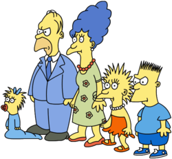 A cartoon drawing of a family, with a baby, two children, and two parents. They are dressed in casual and formal clothing, and have yellow skin.