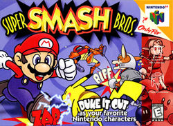 Image of various Nintendo characters fighting: Mario rushing at Pikachu, Fox punching Samus, Link holding his shield and Kirby waving at the player, with a bomb next to him.