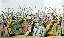 An engraving showing women armed with pikes and other weapons marching.