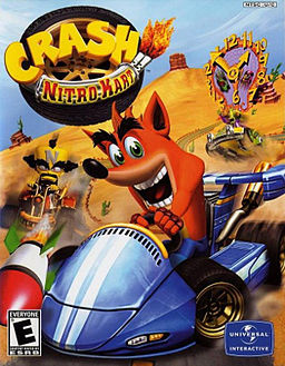 Driving a kart, Crash Bandicoot dodges a missile fired by Doctor Neo Cortex, with Nitrous Oxide pursuing both of them