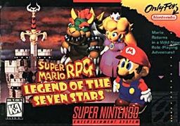 Artwork of a horizontal rectangular box. The center portion depicts the text "Super Mario RPG: Legend of the Seven Stars" and three characters: a green and orange bipedal reptile, a blonde princess in a pink dress, and a man in red and blue clothing. The background depicts a castle with a large sword in it against a cloudy sky.