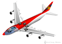 Cutaway rendering of a 747, showing internal seating and landing gear.