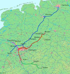Cologne-Minden trunk line in red