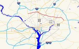 A map of the Washington, D.C. metropolitan area showing major roads.  Maryland Route 410 connects several inner suburbs in Maryland.