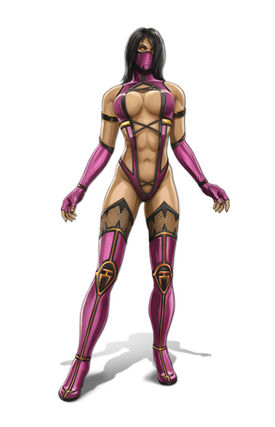 This image shows a muscular, large-chested, black-haired masked female with all-yellow eyes. She is wearing a revealing, skin-tight outfit of dark-pink, black and gold, including tighs-high boots with high heels and elbows-long fingerless gloves.