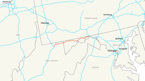 Map of a road that stretches across northern West Virginia and northwestern Maryland.