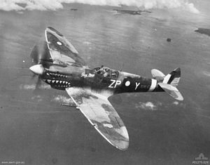 A single propeller monoplane in flight over a body of water. The aircraft is painted in a camouflage pattern and a shark's mouth behind the propeller on its nose.