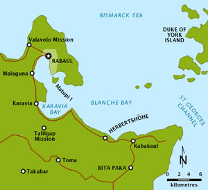 Map showing the vicinity of Rabaul, Blanche Bay and Bita Paka on the Gazelle Peninsula, New Britain