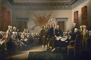 depicts the five-man committee presenting the draft of the Declaration of Independence to Congress.