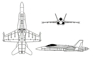 Orthographically projected diagram of the F/A-18 Hornet