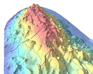 Bathymetric showing part of Davidson Seamount. The line indicates the route of the 2002 expedition, and the dots stand for significant coral nurseries.