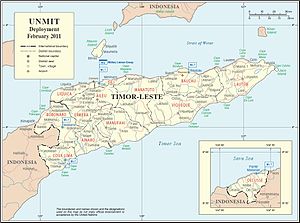 A map of East Timor marked with the locations of Locations of UNMIT military liaison teams