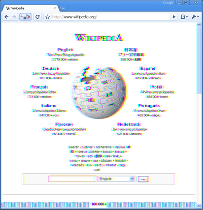 Screenshot of Wikipedia.org on April 2nd, 2009 using Chrome "3-D". Note the red/blue glasses toggle switch at the top of the browser.