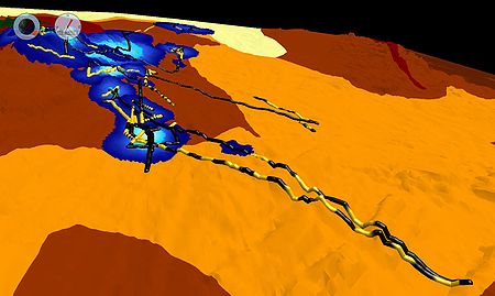 Visualization of fused data sets for rock lobster tracks in the Tasman Sea.  Image generated using Eonfusion software by Myriax Pty. Ltd. - eonfusion.myriax.com