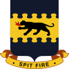 an insignia with a dark four-legged feline animal breathing fire on a yellow back ground.  There is a blue artisitic border at the top and bottom. Beneath a banner reads "Spit fire".