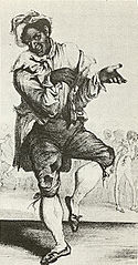 Drawing of a  man in blackface make-up wearing raggedy clothes and white stockings, dancing a jig with an exaggerated facial expression.