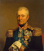 Portrait of Bennigsen in military uniform with both hands resting on the hilt of his sword