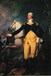 Washington stands in front of a white horse whose reins are held by a soldier.  Washington holds a spyglass in his right hand, and his left hand rests on his sword.  His uniform is a blue coat over gold waistcoast and pants.  In the dark background there are more men in uniform, one of whom is carrying an American flag.