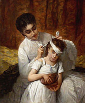 Painting showing a mother bandaging a young girl's head. Both are dressed in bright white and set against a rust-colored background. The girl is holding a rust-colored bowl and her reddish hair picks up the color of the background set against her mother's white dress.